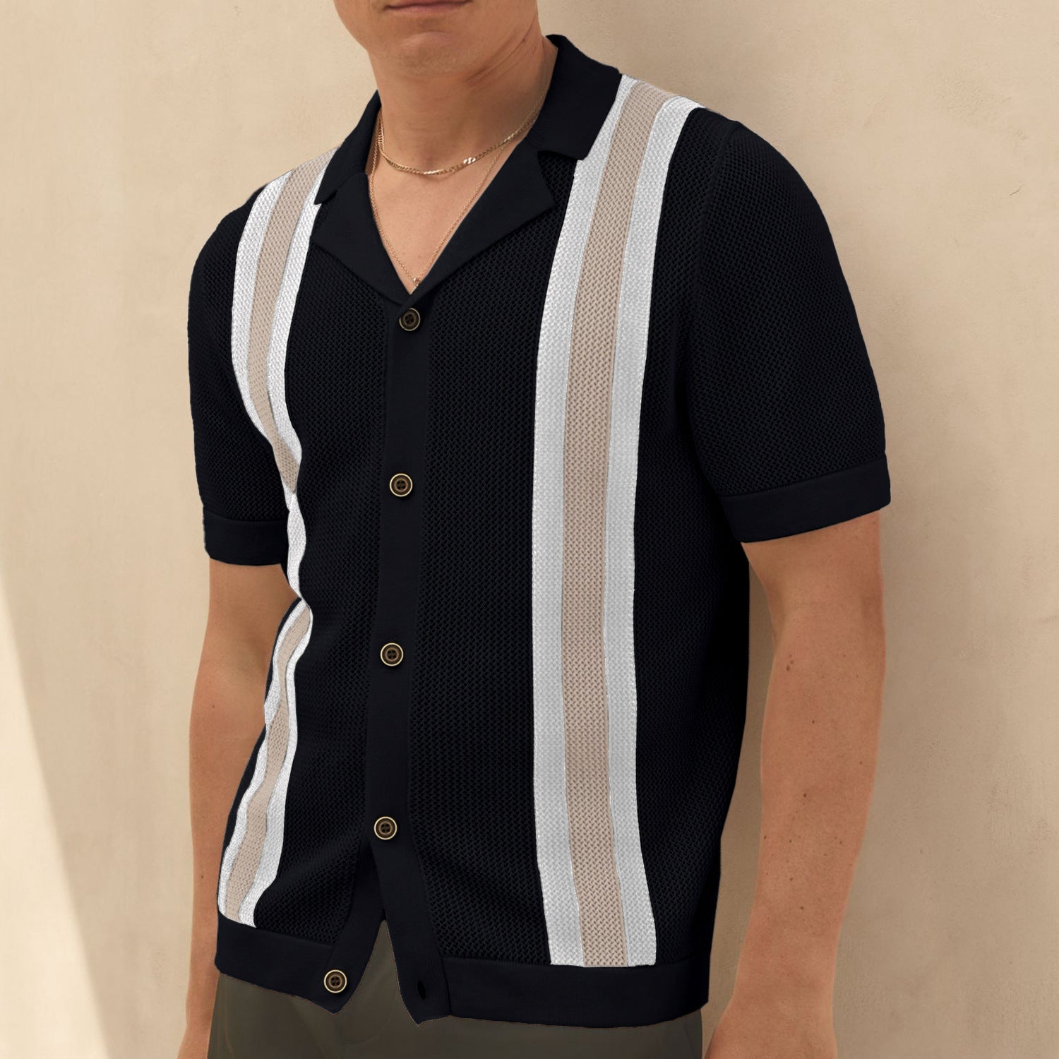 Men's Fashion Cuban Collar Short Sleeve Knitted Cardigan