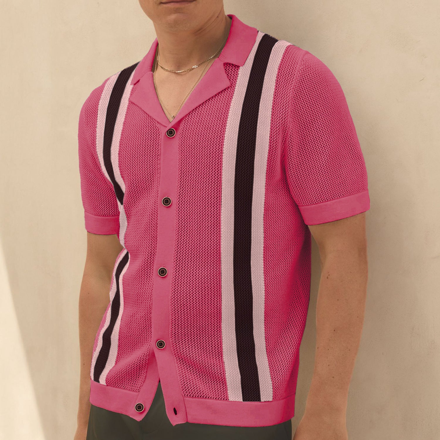 Men's Fashion Cuban Collar Short Sleeve Knitted Cardigan