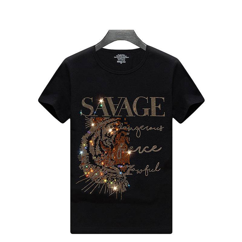 European Goods Round Neck Rhinestone Hot Fixed Short Sleeve T-shirt