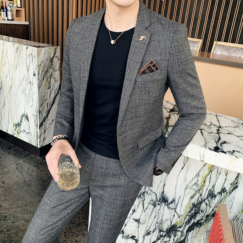 Autumn Men's Plaid Suit Business Casual Two-piece Suit