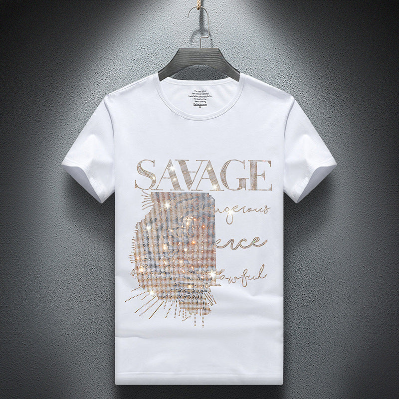 European Goods Round Neck Rhinestone Hot Fixed Short Sleeve T-shirt