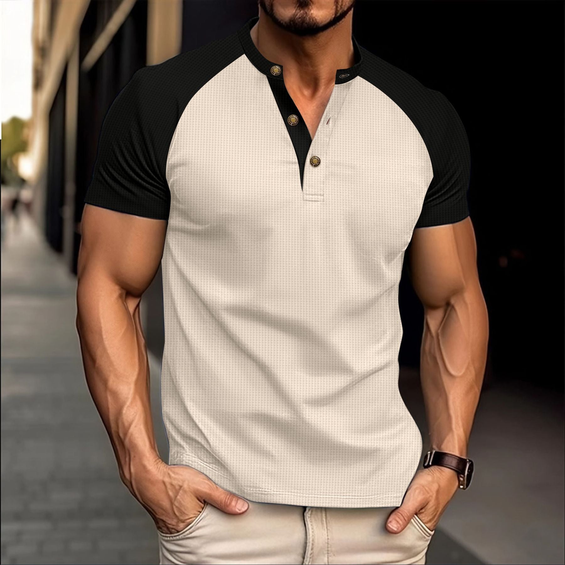 Men's Slim-fit Breathable Casual Waffle Round Neck Short-sleeved T-shirt