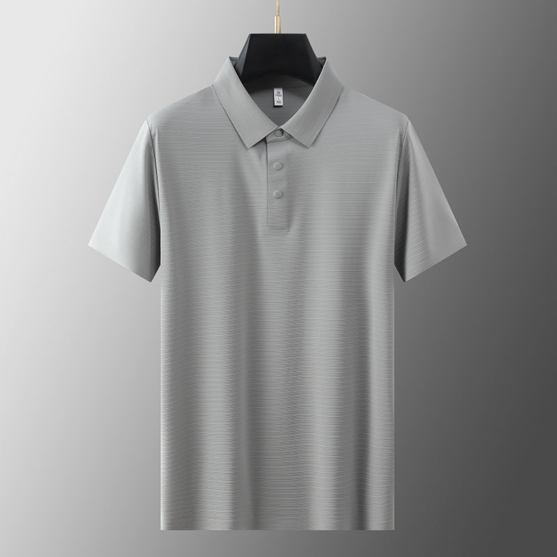 Men's Business Casual Horizontal Pattern High-grade Light Luxury Lapel T-shirt Men's Summer Ice Silk