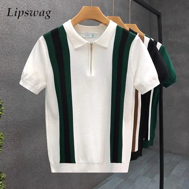 Luxury Contrast Color Striped Polo Shirt Mens Knitted Short Sleeve Zipper Polo Collar Shirt Summer Men Clothes Casual Knit Polos