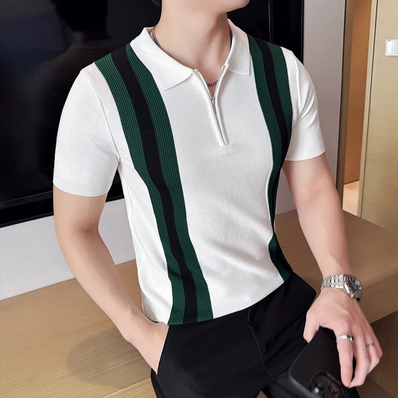 2025 Spring Summer Zipper Men's Polo Shirts Luxury Short Sleeve Knitted Contrast Color Simple Casual Male T-shirts Man Tees
