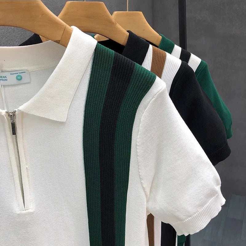 Luxury Contrast Color Striped Polo Shirt Mens Knitted Short Sleeve Zipper Polo Collar Shirt Summer Men Clothes Casual Knit Polos