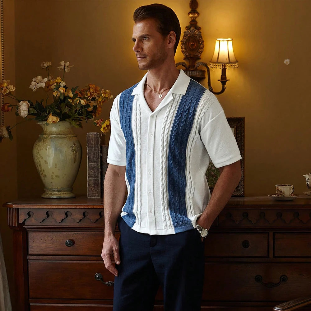 Slavinson Men's Short Sleeve Summer Knit Lapel Striped Polo Shirt Fashion Light Luxury Popular Knitwear Breathable Top US Size