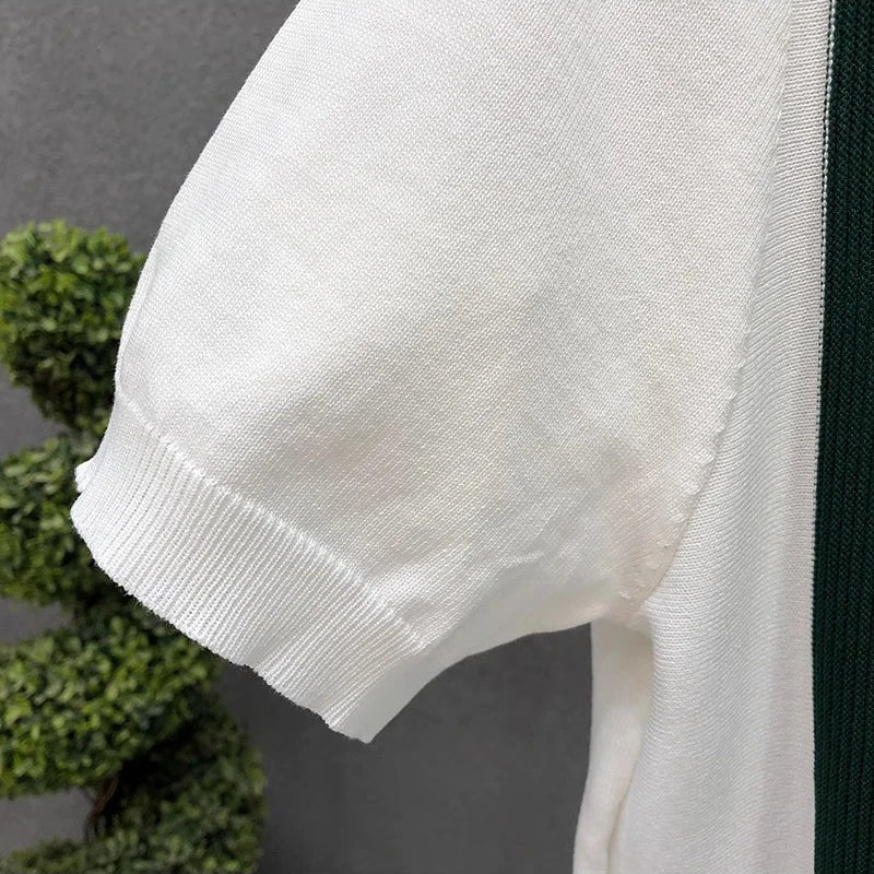 Luxury Contrast Color Striped Polo Shirt Mens Knitted Short Sleeve Zipper Polo Collar Shirt Summer Men Clothes Casual Knit Polos