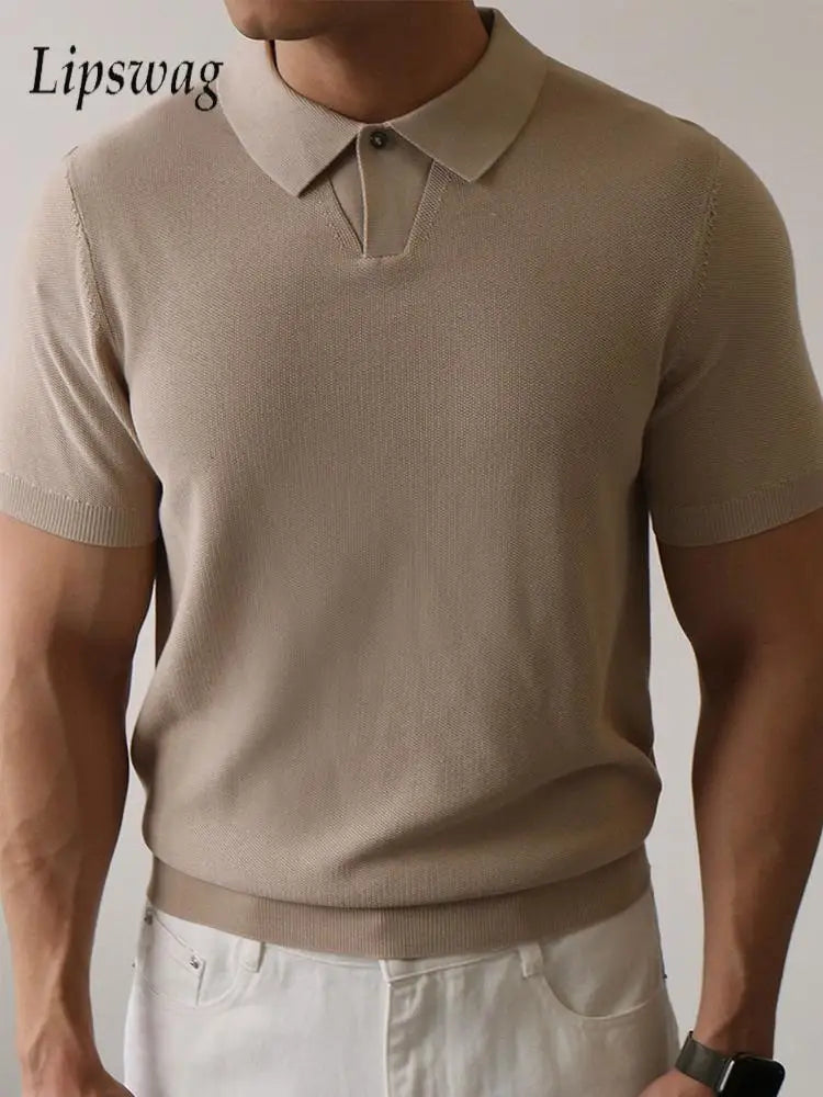 Summer High Quality Knitwear Mens Polo Shirts Casual Pure Color Short Sleeve Slim Polos Men Fashion Button Polo Neck Knitted Top