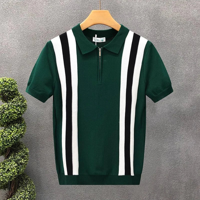 Luxury Contrast Color Striped Polo Shirt Mens Knitted Short Sleeve Zipper Polo Collar Shirt Summer Men Clothes Casual Knit Polos