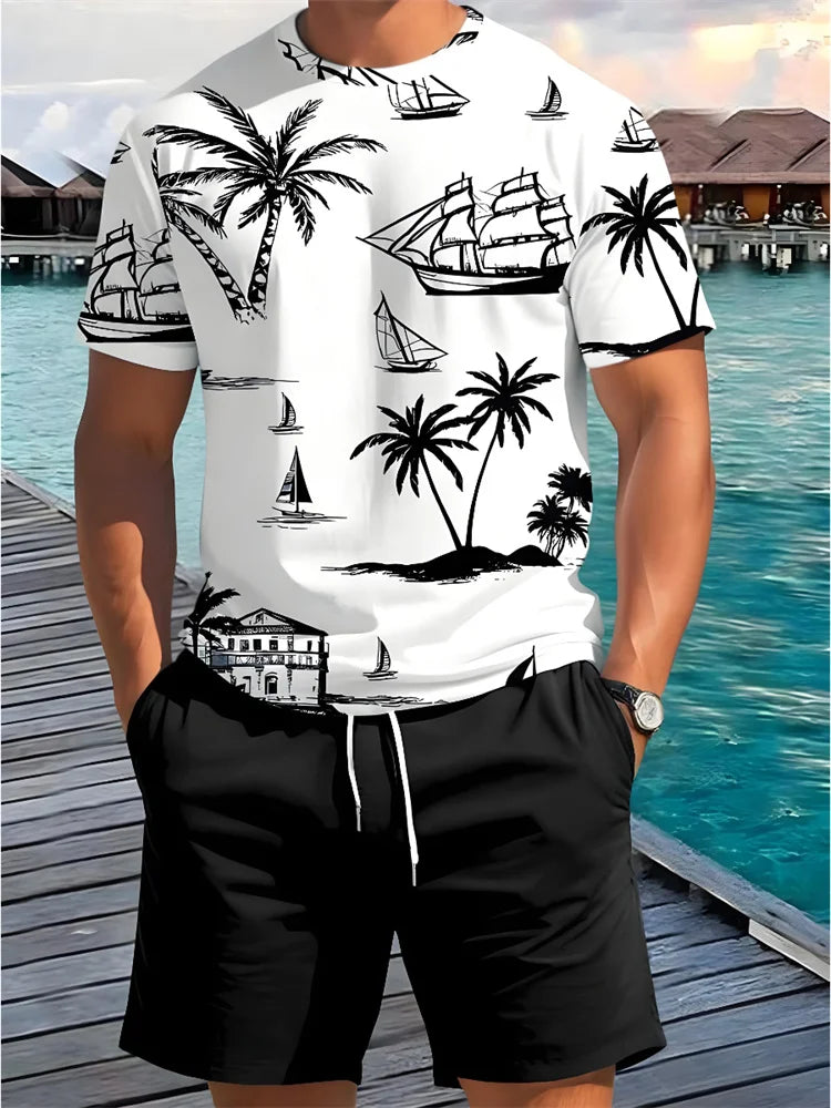 Summer 2 Piece Casual Everyday Men's Short Sleeve Shorts Set Hawaiian Print Men's T-shirt Outdoor Sports Men's Beach Shorts Sets