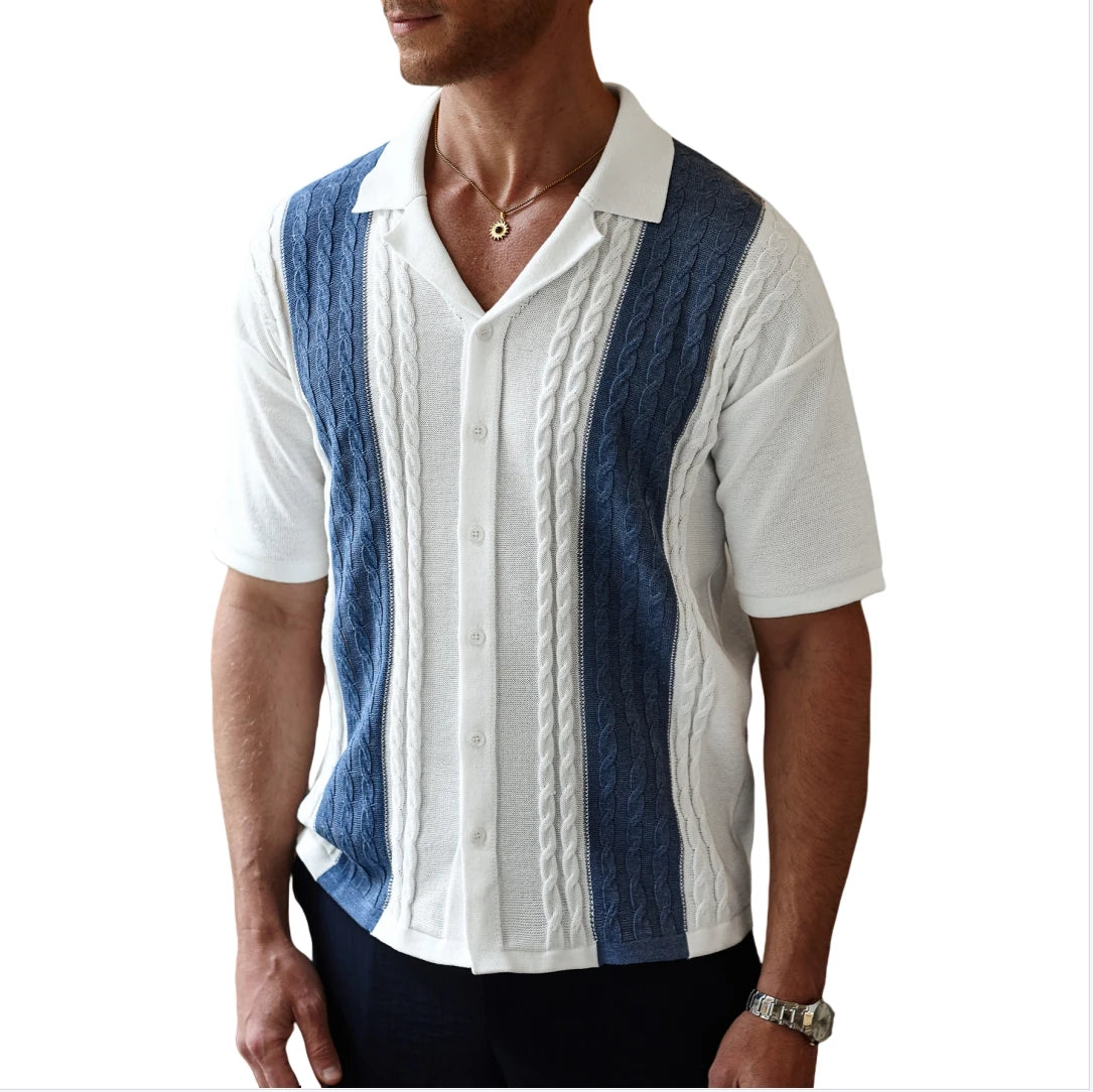 Slavinson Men's Short Sleeve Summer Knit Lapel Striped Polo Shirt Fashion Light Luxury Popular Knitwear Breathable Top US Size