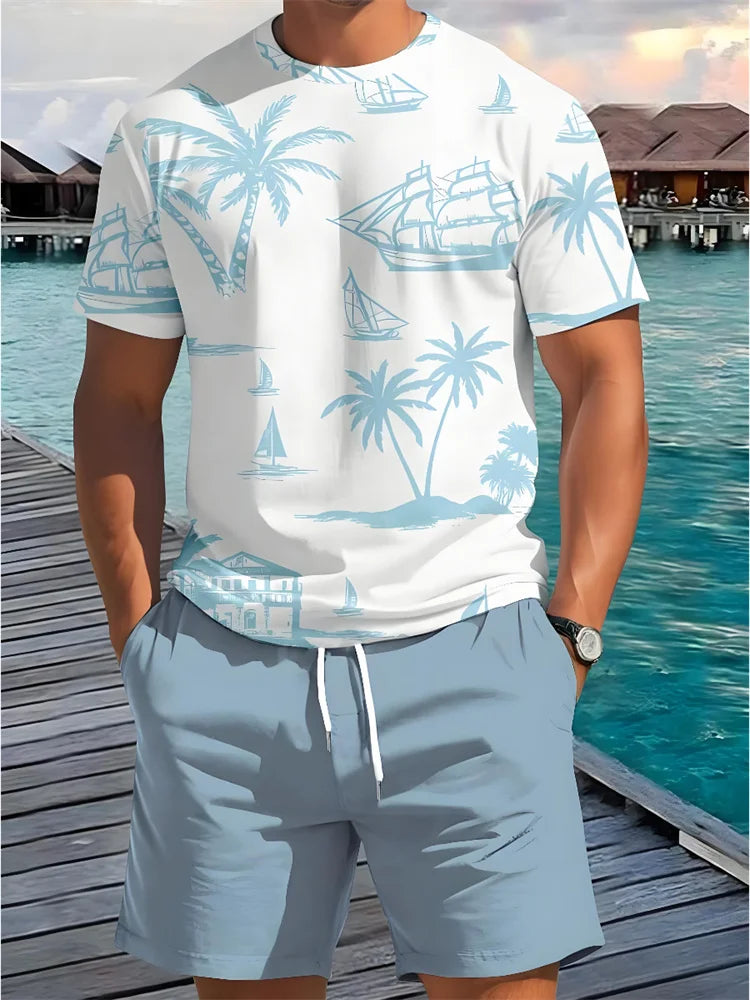 Summer 2 Piece Casual Everyday Men's Short Sleeve Shorts Set Hawaiian Print Men's T-shirt Outdoor Sports Men's Beach Shorts Sets