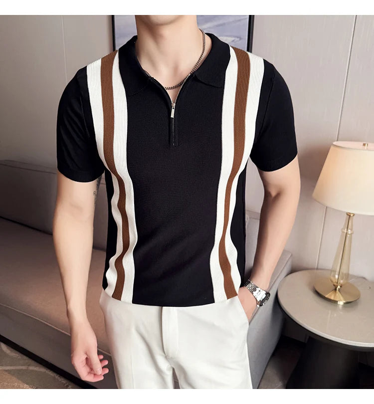 2025 Spring Summer Zipper Men's Polo Shirts Luxury Short Sleeve Knitted Contrast Color Simple Casual Male T-shirts Man Tees