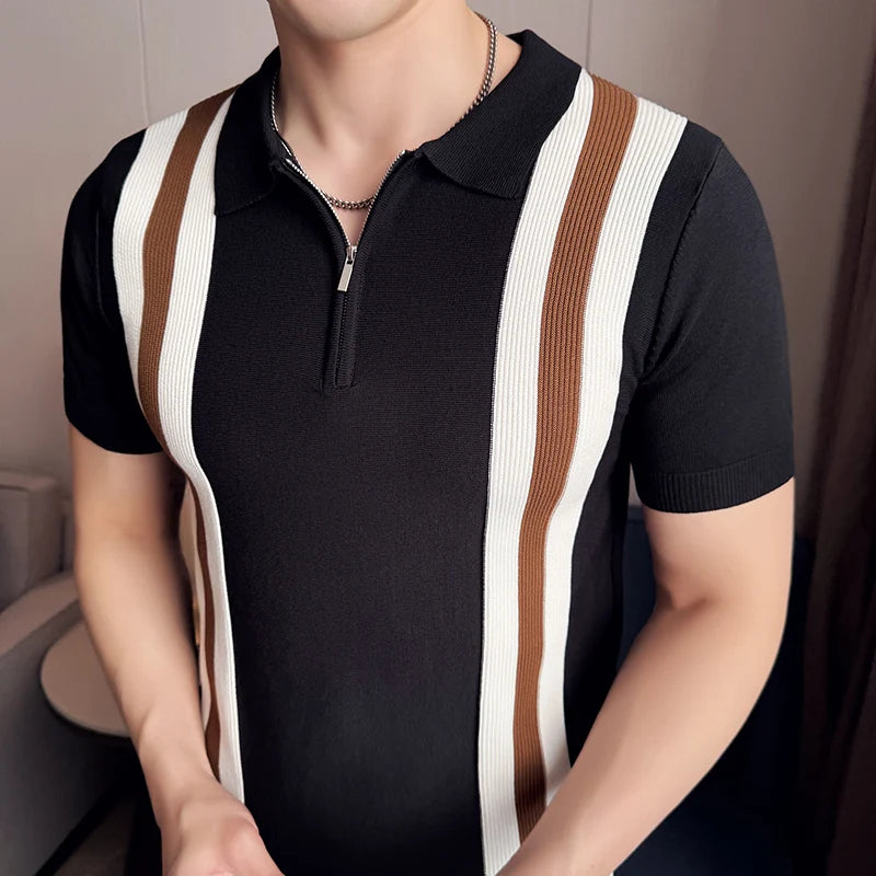 2025 Spring Summer Zipper Men's Polo Shirts Luxury Short Sleeve Knitted Contrast Color Simple Casual Male T-shirts Man Tees