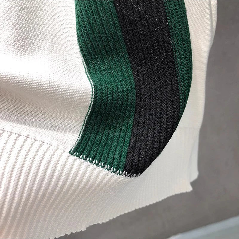 Luxury Contrast Color Striped Polo Shirt Mens Knitted Short Sleeve Zipper Polo Collar Shirt Summer Men Clothes Casual Knit Polos