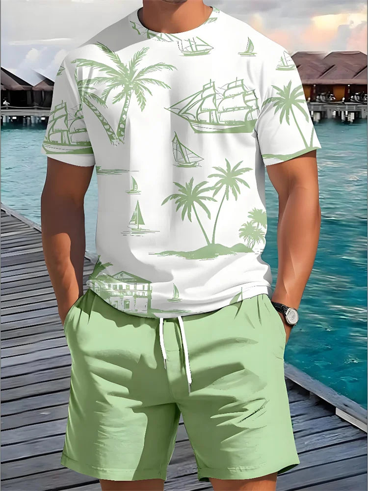 Summer 2 Piece Casual Everyday Men's Short Sleeve Shorts Set Hawaiian Print Men's T-shirt Outdoor Sports Men's Beach Shorts Sets