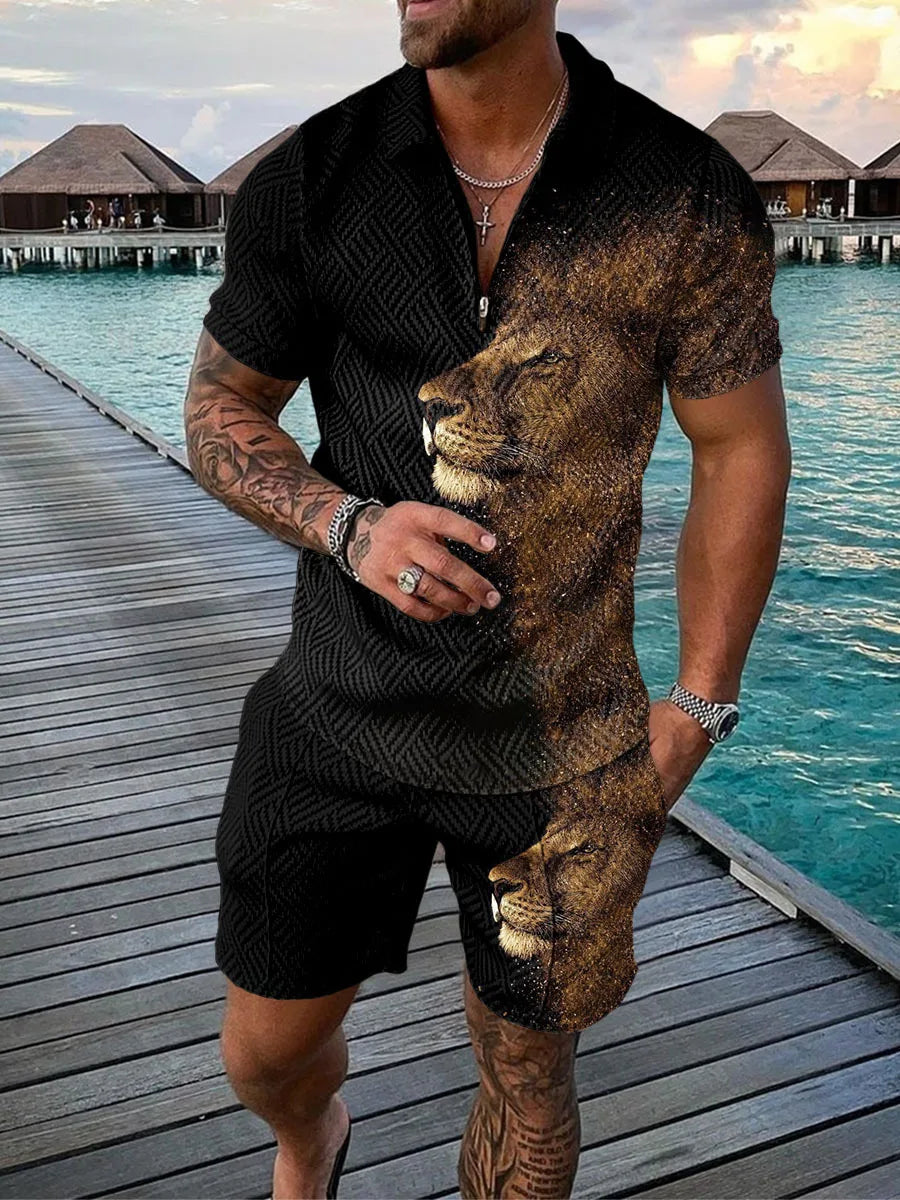 Summer Men's Sports Patchwork Pattern Short Sleeve Stylish Zipper Polo Shirt And Shorts Set Men's Casual Streetwear 2-pie