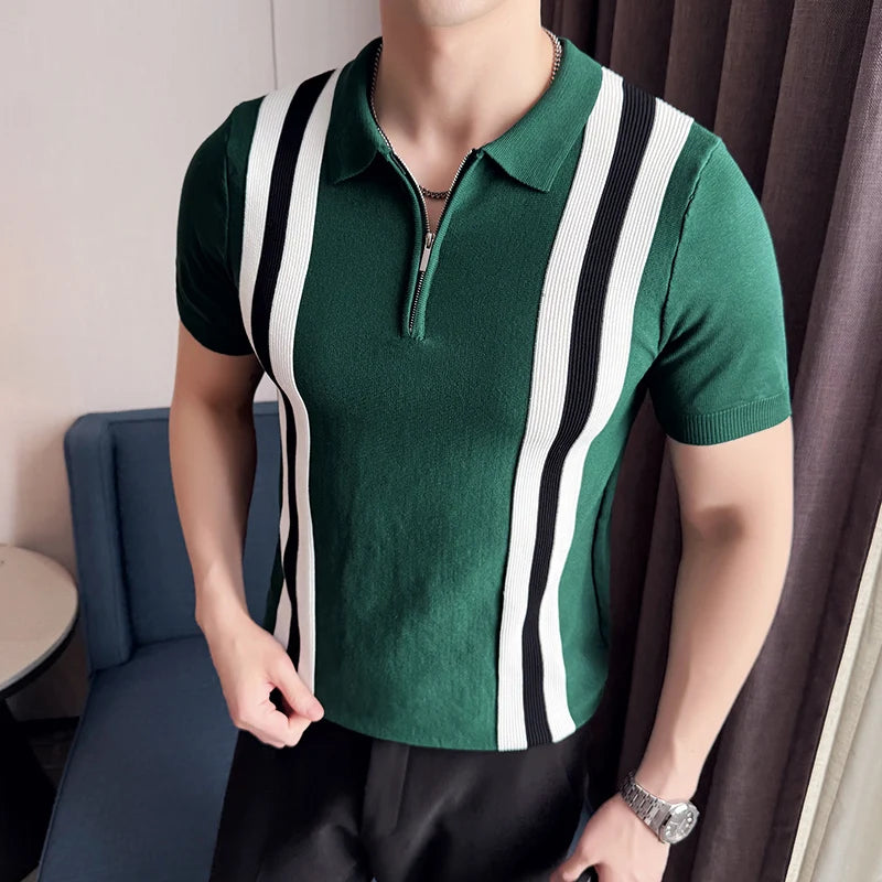 2025 Spring Summer Zipper Men's Polo Shirts Luxury Short Sleeve Knitted Contrast Color Simple Casual Male T-shirts Man Tees