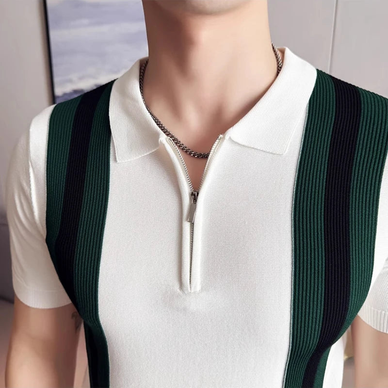 2025 Spring Summer Zipper Men's Polo Shirts Luxury Short Sleeve Knitted Contrast Color Simple Casual Male T-shirts Man Tees