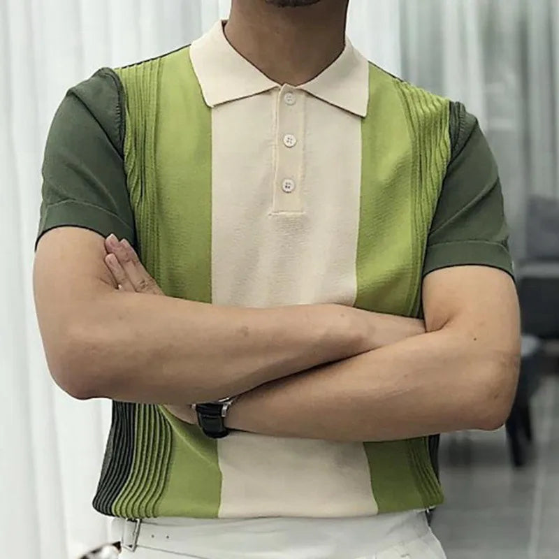 Summer Men's Clothing Luxury Knit Short Sleeve Polo Shirt Retro Button-down Patchwork Popular Fashion Business Leisure Knitwear