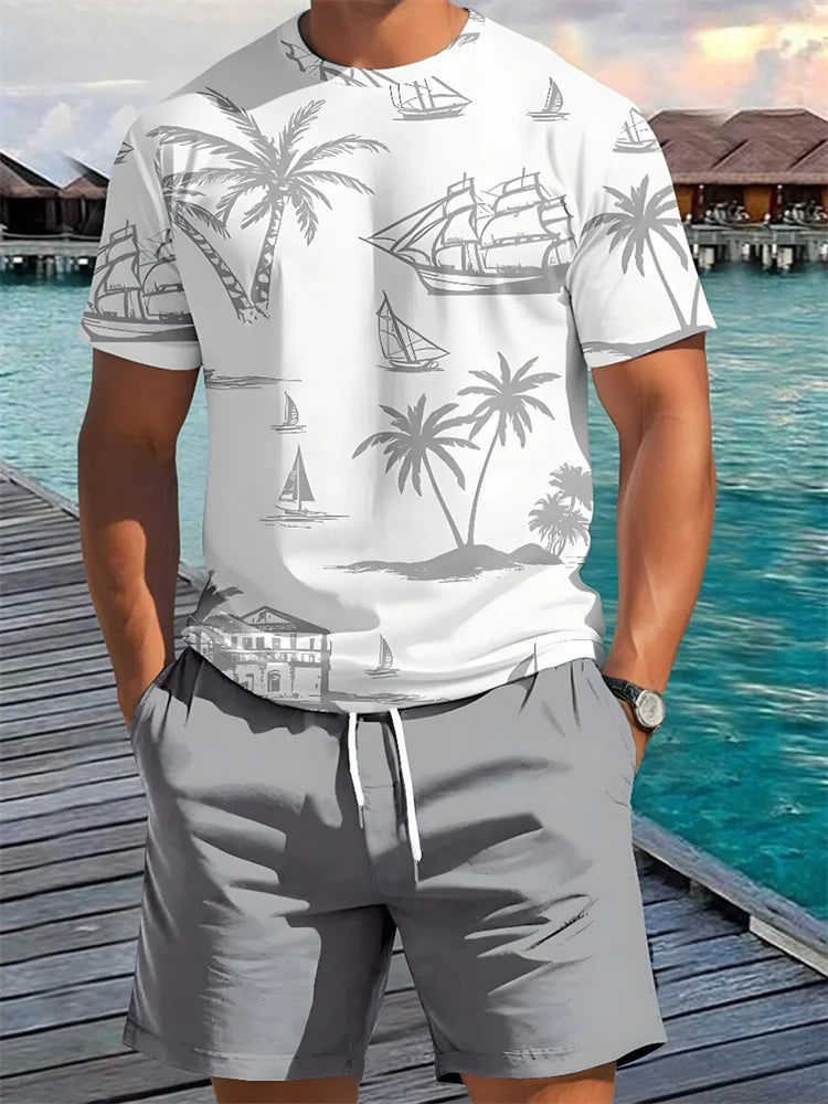 Summer 2 Piece Casual Everyday Men's Short Sleeve Shorts Set Hawaiian Print Men's T-shirt Outdoor Sports Men's Beach Shorts Sets