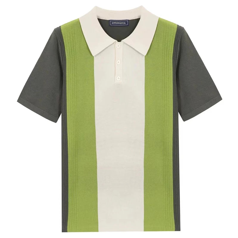 Summer Men's Clothing Luxury Knit Short Sleeve Polo Shirt Retro Button-down Patchwork Popular Fashion Business Leisure Knitwear