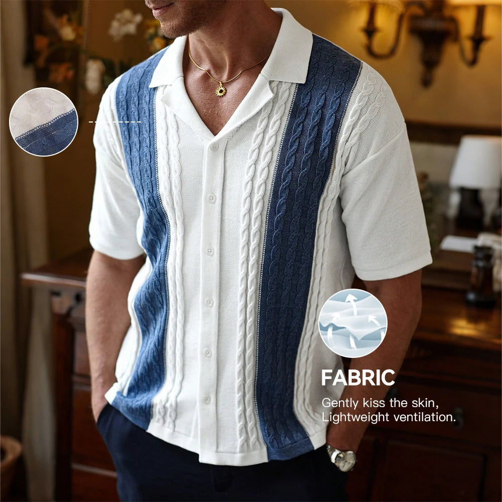Slavinson Men's Short Sleeve Summer Knit Lapel Striped Polo Shirt Fashion Light Luxury Popular Knitwear Breathable Top US Size