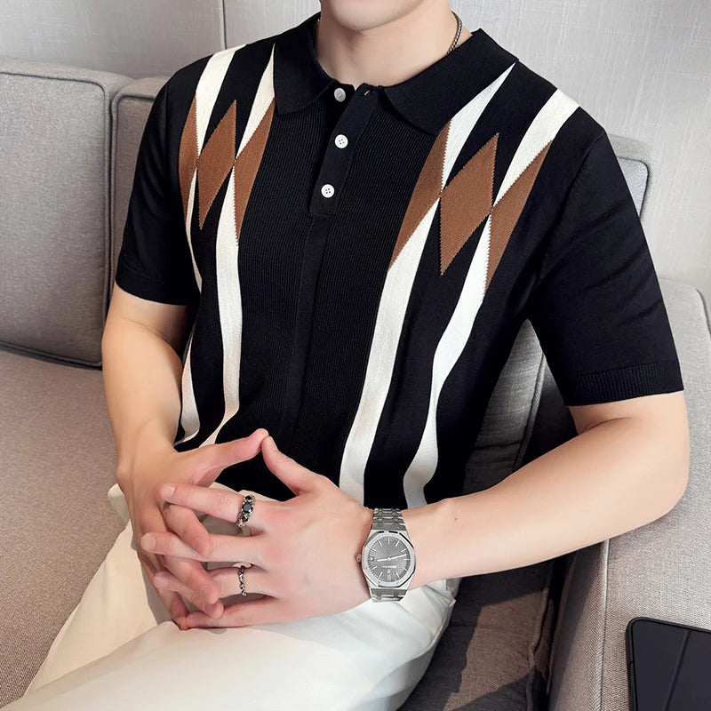 Spring Summer Men Knitted Polo Shirts Fashion Turn Down Collar Short Sleeve Men's Polos Shirt Slim Fit Pullovers Tees Homme 3XL