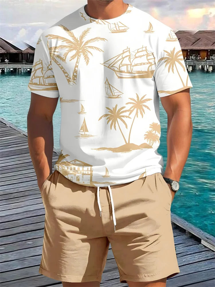 Summer 2 Piece Casual Everyday Men's Short Sleeve Shorts Set Hawaiian Print Men's T-shirt Outdoor Sports Men's Beach Shorts Sets