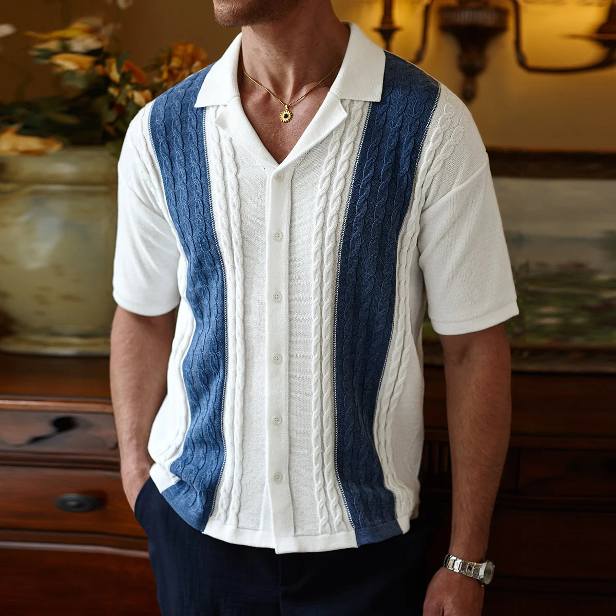 Slavinson Men's Short Sleeve Summer Knit Lapel Striped Polo Shirt Fashion Light Luxury Popular Knitwear Breathable Top US Size