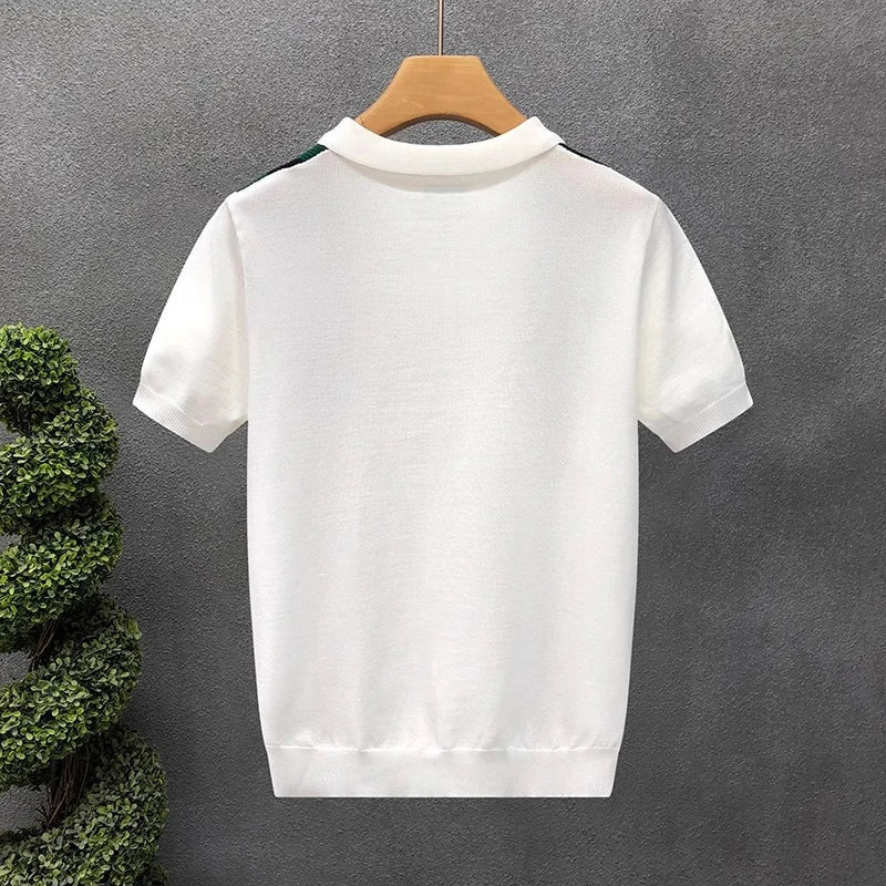 Luxury Contrast Color Striped Polo Shirt Mens Knitted Short Sleeve Zipper Polo Collar Shirt Summer Men Clothes Casual Knit Polos