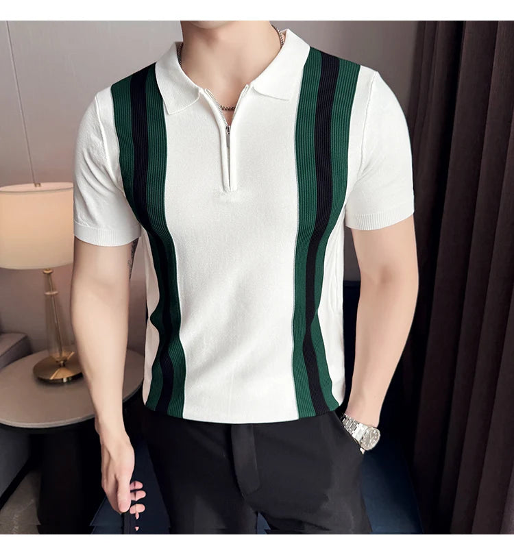 2025 Spring Summer Zipper Men's Polo Shirts Luxury Short Sleeve Knitted Contrast Color Simple Casual Male T-shirts Man Tees