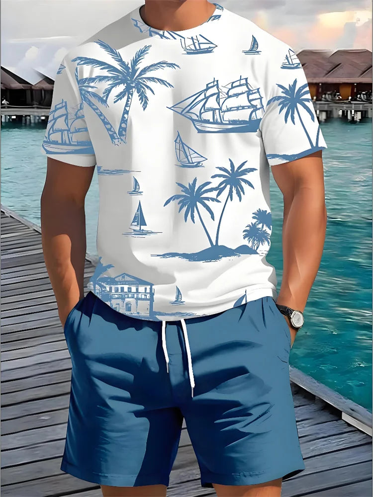 Summer 2 Piece Casual Everyday Men's Short Sleeve Shorts Set Hawaiian Print Men's T-shirt Outdoor Sports Men's Beach Shorts Sets