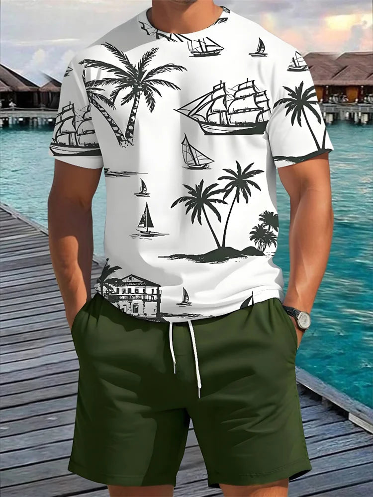 Summer 2 Piece Casual Everyday Men's Short Sleeve Shorts Set Hawaiian Print Men's T-shirt Outdoor Sports Men's Beach Shorts Sets