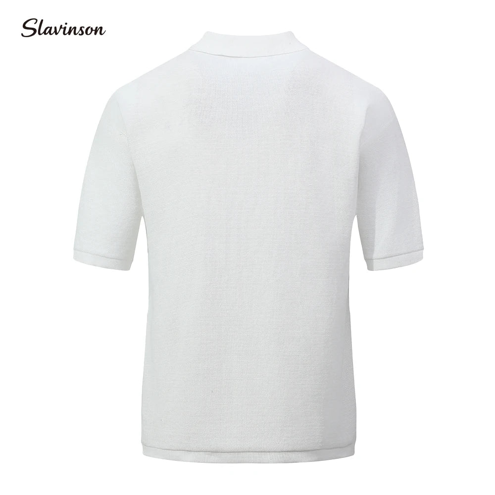 Slavinson Men's Short Sleeve Summer Knit Lapel Striped Polo Shirt Fashion Light Luxury Popular Knitwear Breathable Top US Size