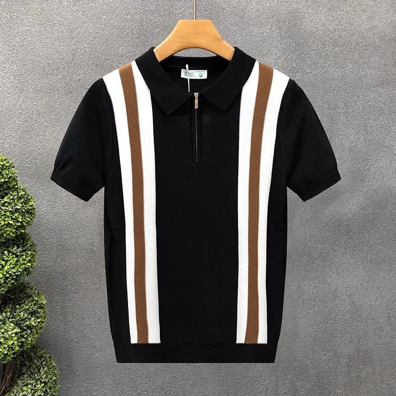 Luxury Contrast Color Striped Polo Shirt Mens Knitted Short Sleeve Zipper Polo Collar Shirt Summer Men Clothes Casual Knit Polos