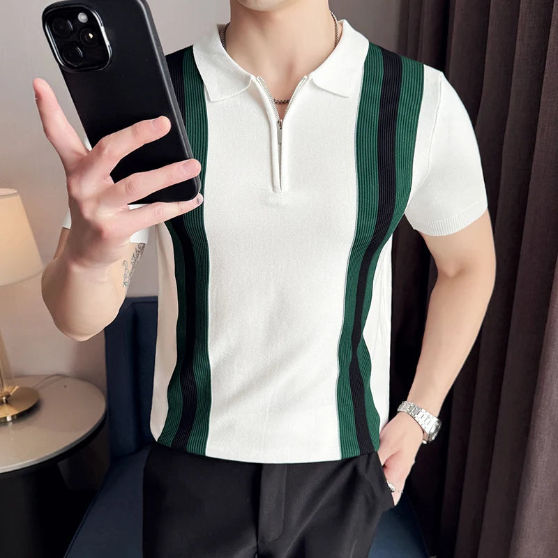 2025 Spring Summer Zipper Men's Polo Shirts Luxury Short Sleeve Knitted Contrast Color Simple Casual Male T-shirts Man Tees