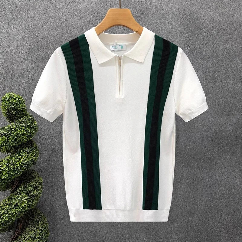 Luxury Contrast Color Striped Polo Shirt Mens Knitted Short Sleeve Zipper Polo Collar Shirt Summer Men Clothes Casual Knit Polos