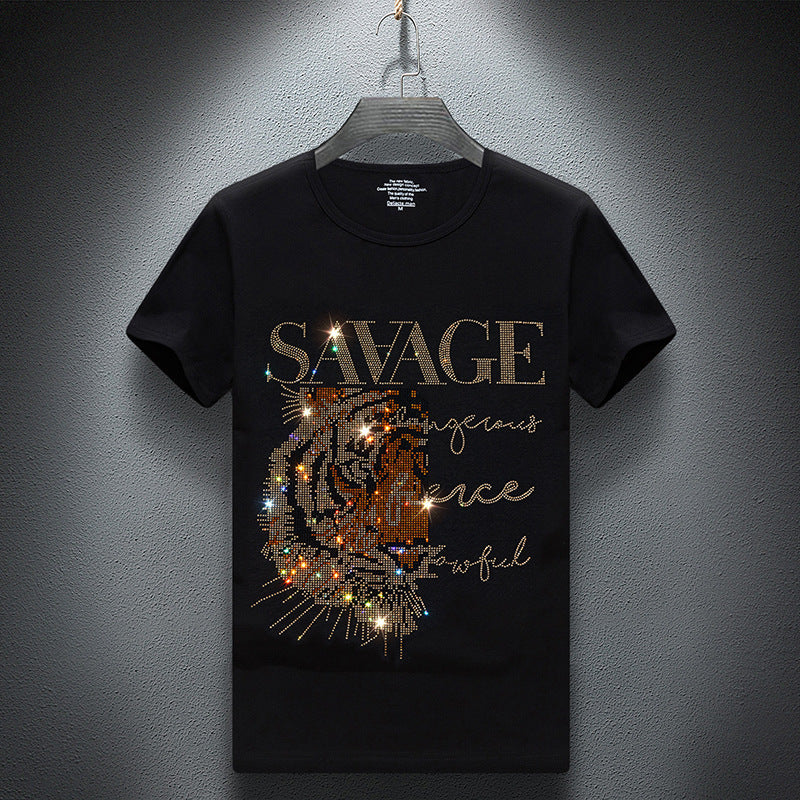 European Goods Round Neck Rhinestone Hot Fixed Short Sleeve T-shirt